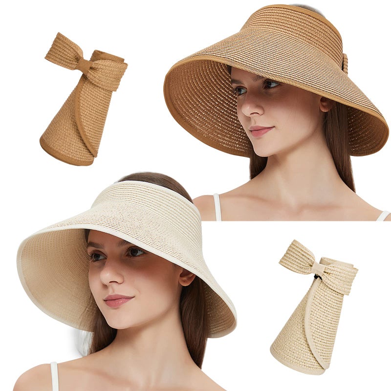 MAYLISACC 2 Pack Straw Sun Visors for Women UPF50+ Floppy Wide Brim, Foldable Topless Beach Hats UV Protection Khaki&Beige - Image 1